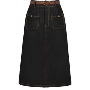 Denim Skirt with Belt Below Knee Length Black